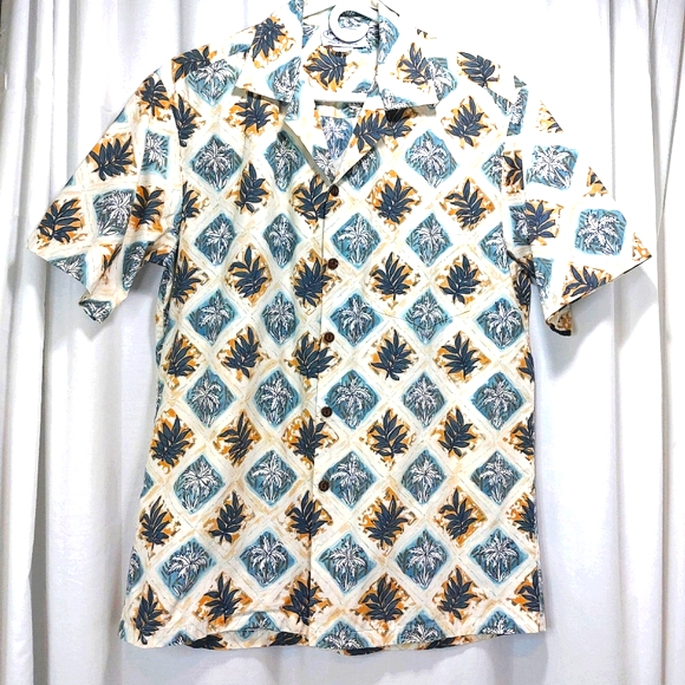 Pacific‎ Legend Apparel Mens Medium Classic Hawaiian Shirt Argyll Palm Trees